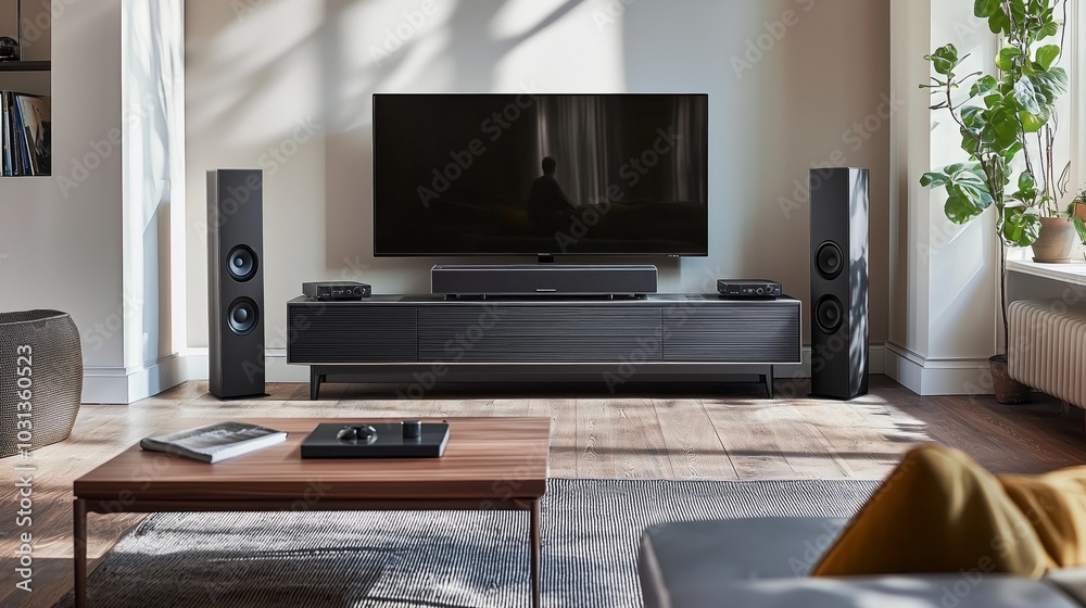 Fototapeta premium Modern Living Room Entertainment Setup with TV