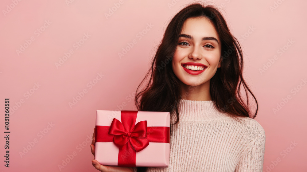 Young woman holding gift box against pink background - perfect for celebrations and special occasions Young woman holding gift box against pink background - perfect for celebrations and special occasions
