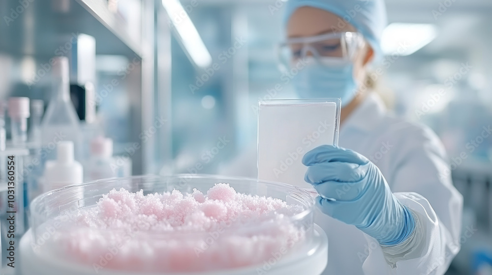 A scientist examines a sample in a laboratory setting, showcasing pink material and focusing on precision and safety in analysis. A scientist examines a sample in a laboratory setting, showcasing pink material and focusing on precision and safety in analysis.