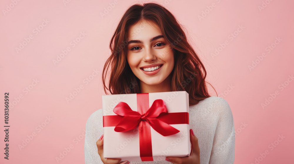 Young woman holding a gift box against a pink background for celebration or special occasion Young woman holding a gift box against a pink background for celebration or special occasion