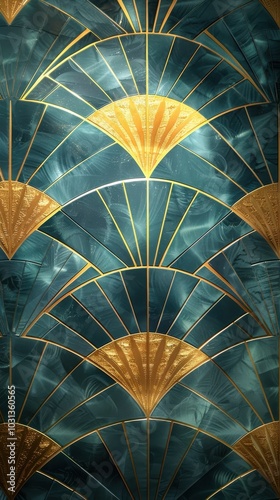 Elegant art deco wallpaper showcasing geometric fan motifs in rich hues of blue and gold with a modern vintage flair