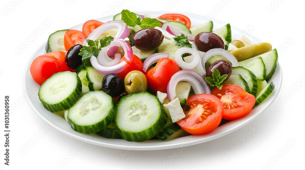 Fresh greek salad on a plate on white background. Fresh greek salad on a plate on white background.