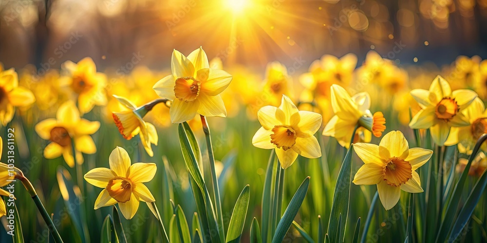 A field of vibrant yellow daffodils basking in the warm glow of the setting sun, their delicate petals catching the light and creating a captivating display of natural beauty. A field of vibrant yellow daffodils basking in the warm glow of the setting sun, their delicate petals catching the light and creating a captivating display of natural beauty.