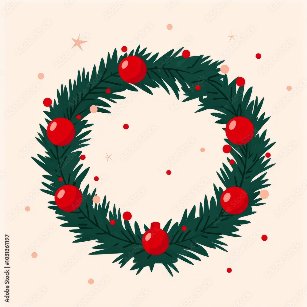 A festive Christmas wreath adorned with red ornaments and a light background. A festive Christmas wreath adorned with red ornaments and a light background.