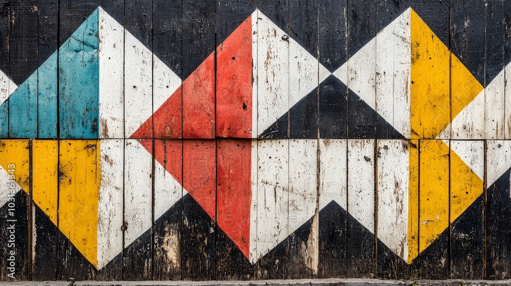 Fototapeta premium Vibrant geometric patterns on a weathered wooden surface