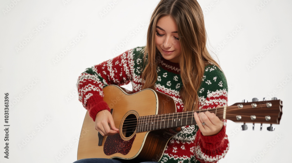 Young woman in festive sweater playing acoustic guitar | christmas music theme Young woman in festive sweater playing acoustic guitar | christmas music theme