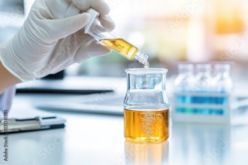 A scientist in a lab conducts an experiment with a pipette and orange liquid in a glass beaker, showcasing precision and innovation.