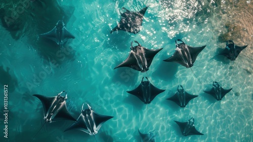 A group of manta rays are swimming in the ocean, creating a beautiful and tranquil scene. The water is clear and blue, and the rays are of various sizes and shapes