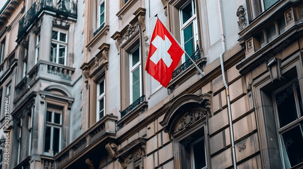 Flag of Switzerland on the facade of a building Flag of Switzerland on the facade of a building