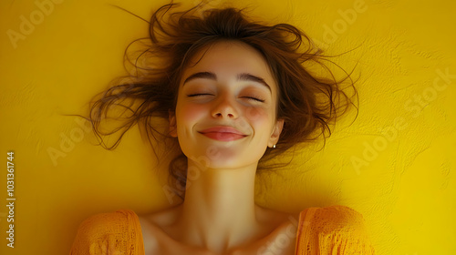 A joyful young woman smilin...
