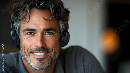 Smiling man wearing headpho...