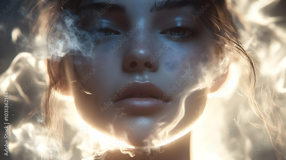 A close-up of a serene face surrounded by ethereal smoke. A close-up of a serene face surrounded by ethereal smoke.
