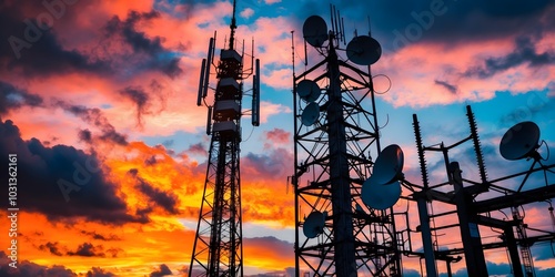 Telecommunication Towers. Sunset Tower with Base Station Receivers. Sunset over communication towers, showcasing vibrant sky and silhouettes of antennas. Technology in harmony with nature. photo