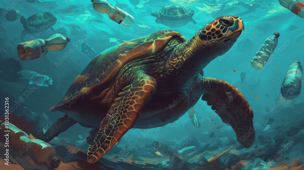 Fototapeta premium Sea Turtle Struggling with Plastic Waste in Ocean