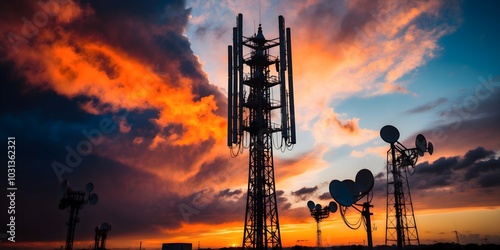 Telecommunication Towers. Sunset Tower with Base Station Receivers. Sunset over communication towers, showcasing vibrant sky and silhouettes of antennas. Technology in harmony with nature. photo