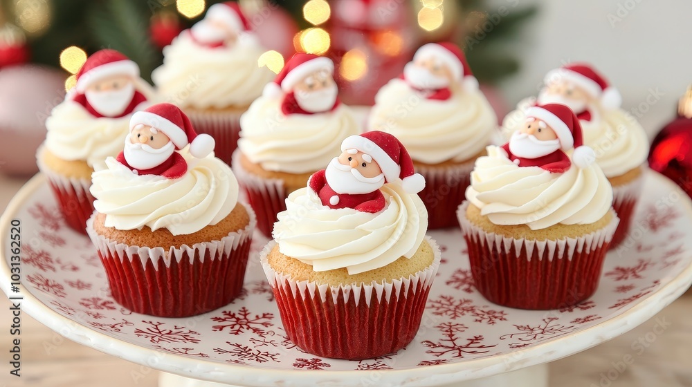 Festive santa cupcakes on a decorative plate for holiday celebrations Festive santa cupcakes on a decorative plate for holiday celebrations
