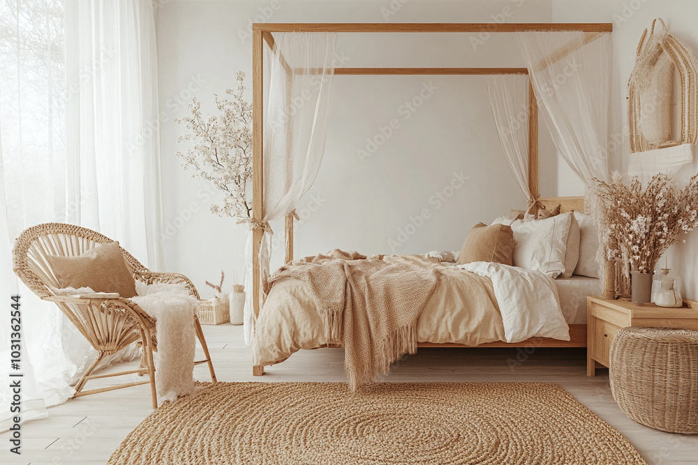 Cozy Bedroom with a Four-Poster Bed and Soft, Neutral Bedding Cozy Bedroom with a Four-Poster Bed and Soft, Neutral Bedding