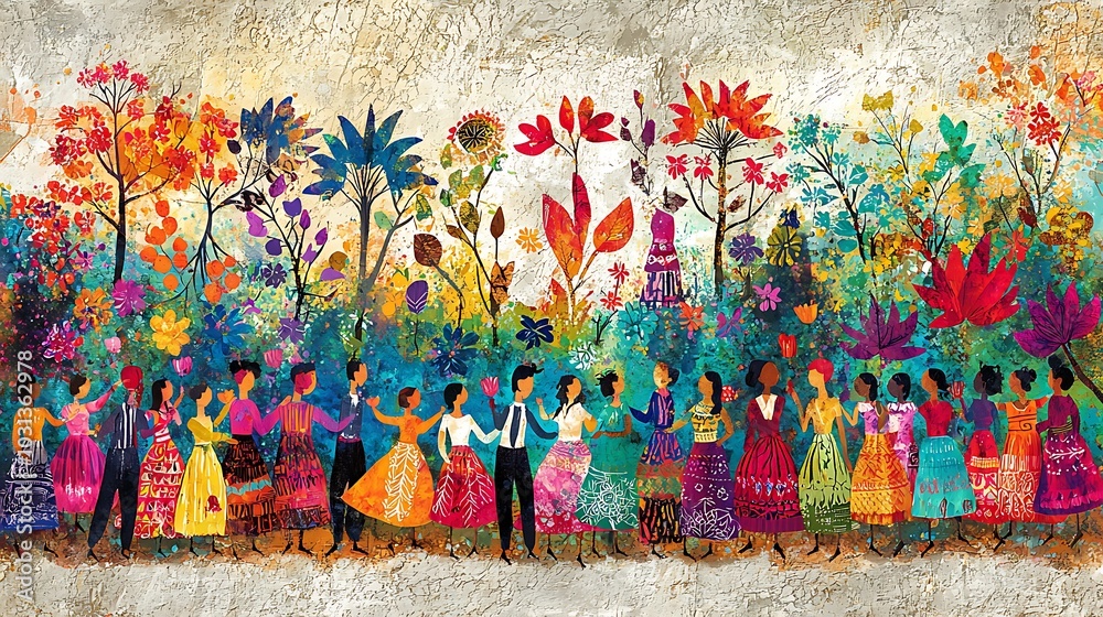 Fototapeta premium Colorful People In A Garden Painting Illustration