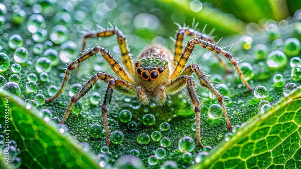 A Tiny Hunter Perched on a Dew-Covered Leaf, Ready to Pounce A Tiny Hunter Perched on a Dew-Covered Leaf, Ready to Pounce
