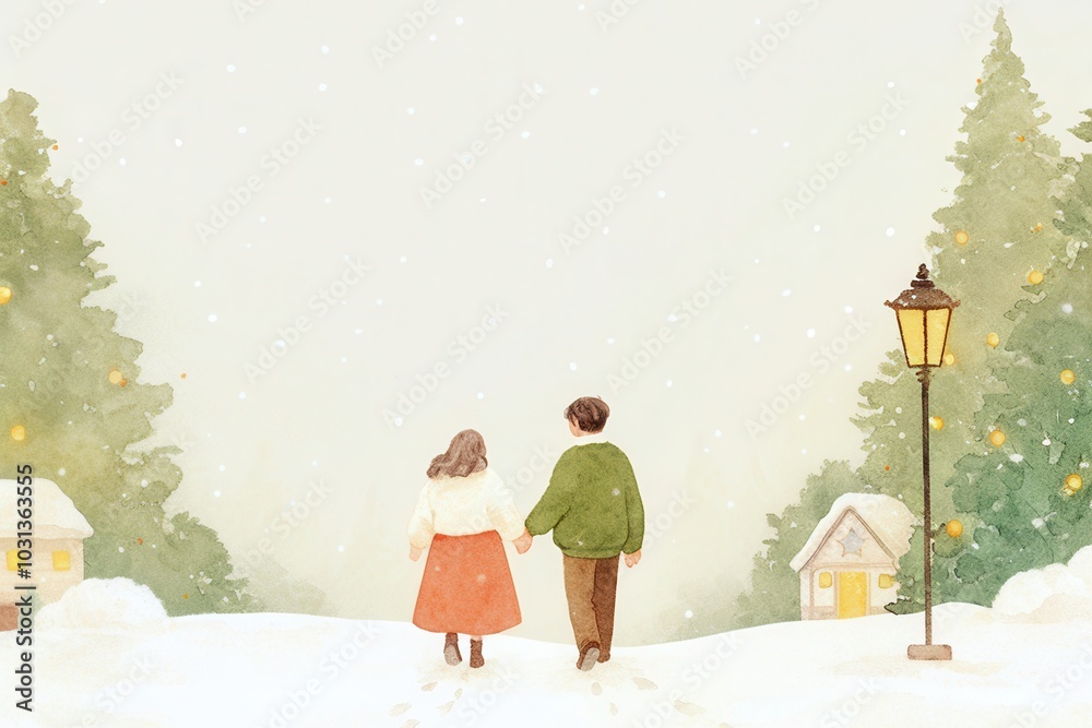 A romantic couple walking hand-in-hand through a snowy forest