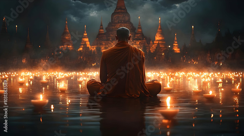 A monk meditating by candle...