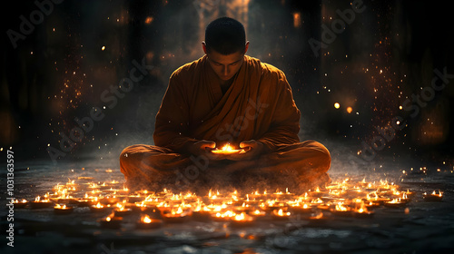 Monk meditating among flick...