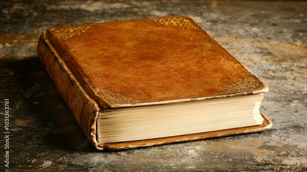 Antique leather-bound book resting on a weathered surface Antique leather-bound book resting on a weathered surface