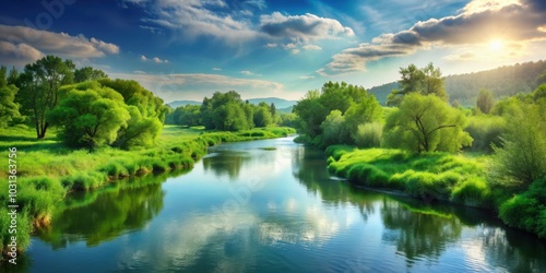 Serene river flowing through lush green landscape, render, river, serene, flowing, lush, green, landscape, nature, peaceful