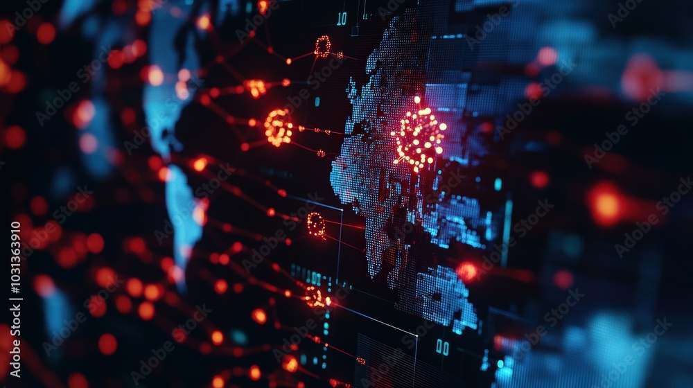 Abstract digital world map with data connections, glowing nodes in red and blue. Abstract digital world map with data connections, glowing nodes in red and blue.