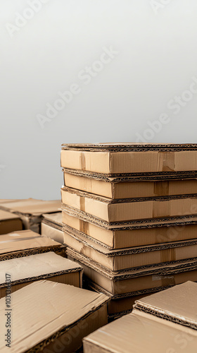 A front view of cardboard boxes, flattened and stacked, waiting to be recycled into new packaging materials photo