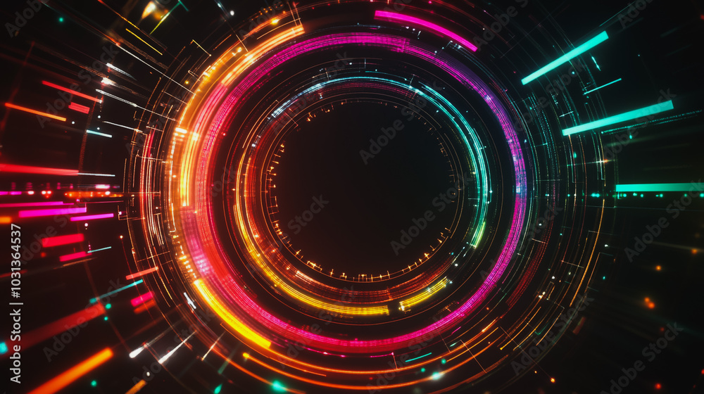 Abstract black background with Colorful circle lines. Digital future technology . Abstract business connection of lines from nodes innovation of communication in the network Abstract black background with Colorful circle lines. Digital future technology . Abstract business connection of lines from nodes innovation of communication in the network