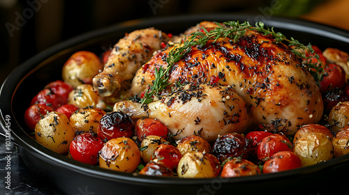 A roasted chicken surrounde...