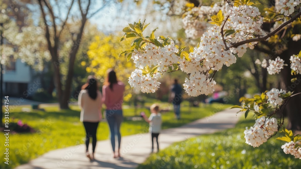 Obraz premium A family of three is walking down a path in a park. A young child is holding a camera