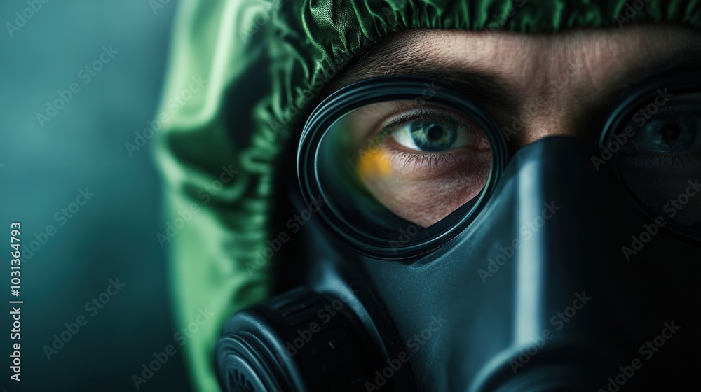 Close-up of a person wearing a gas mask, highlighting concern for safety. Close-up of a person wearing a gas mask, highlighting concern for safety.