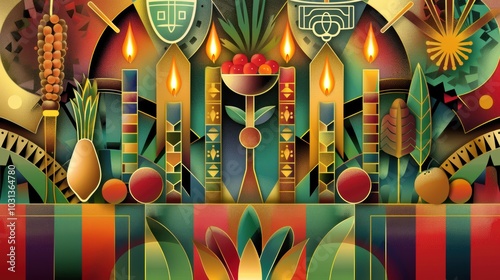 Kwanzaa celebration with candles, fruits, African symbols, colorful cultural elements with flames, festive design, harvest decorations, tradition concept photo