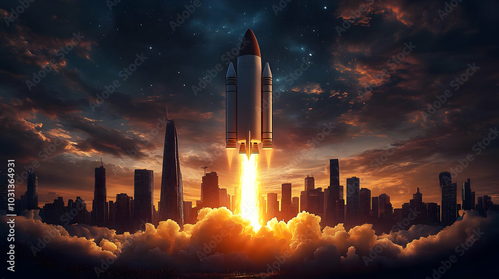 A rocket launches into the sky above a city skyline at dusk.