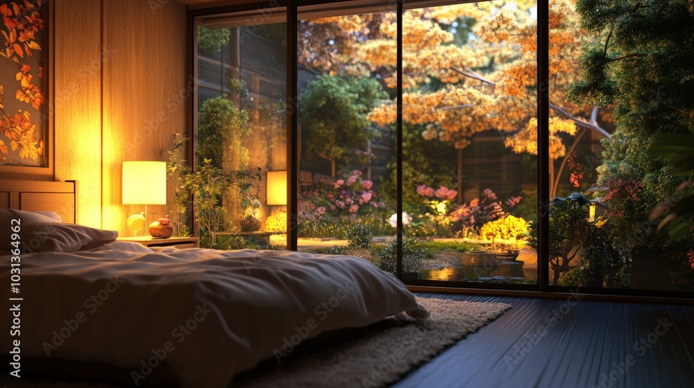 A 3D interior scene of a cozy bedroom with soft lighting, a comfortable bed, and large windows showcasing a beautiful garden view. A 3D interior scene of a cozy bedroom with soft lighting, a comfortable bed, and large windows showcasing a beautiful garden view.