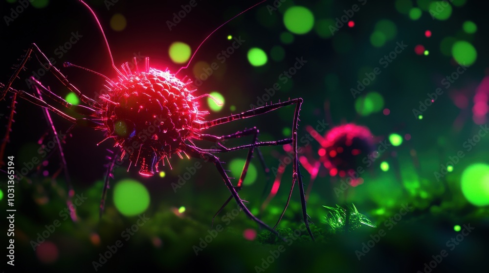 Colorful microscopic depiction of a virus against a vibrant background.