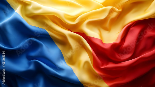 A close-up of the Romanian flag, showcasing its vibrant colors.