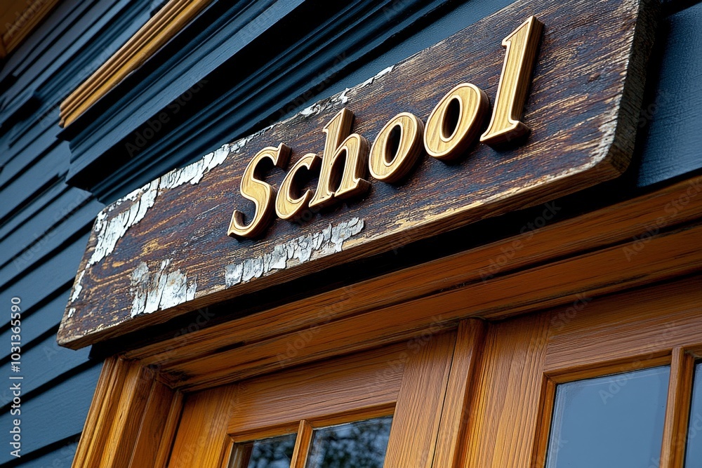 Simple wooden sign reading “School†above the door, with chipped paint and weathered wood Simple wooden sign reading “School†above the door, with chipped paint and weathered wood