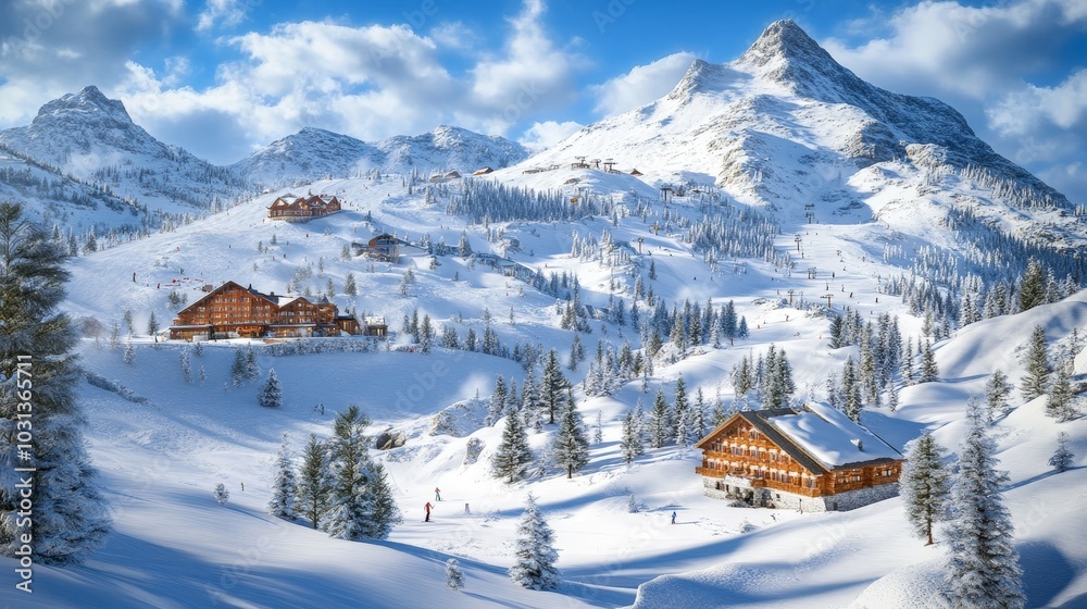 A 3D rendering of a snowy mountain landscape with a ski lodge in the distance, detailed snow textures, and pine trees scattered across the slopes. A 3D rendering of a snowy mountain landscape with a ski lodge in the distance, detailed snow textures, and pine trees scattered across the slopes.
