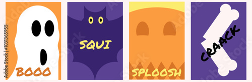 Geometric minimal Halloween cover art design vector with ghost, pumpkin, bats, broken bones card background. Bold impactful and fun. Mid night purple and orange