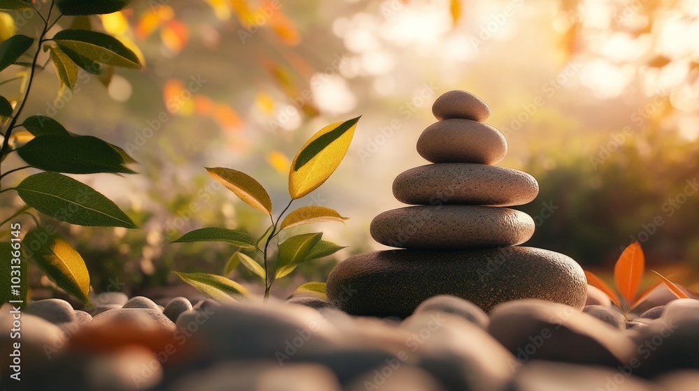 A balanced composition of a stack of stones in a peaceful zen garden, surrounded by delicate leaves and calm, warm lighting. A balanced composition of a stack of stones in a peaceful zen garden, surrounded by delicate leaves and calm, warm lighting.