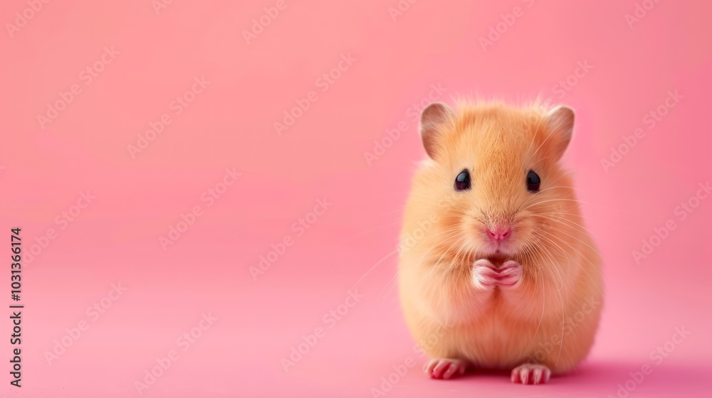 Adorable Fluffy Rodent with Tiny Paws on Pink Background Adorable Fluffy Rodent with Tiny Paws on Pink Background