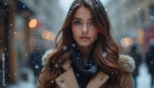 A stunning woman is looking softly as snowflakes fall around her in a delightful city setting, capturing the magic of the Christmas season. Beautiful brunette with long hair. Generative AI