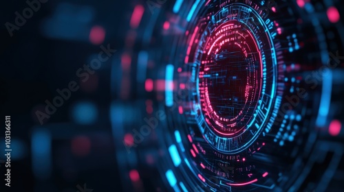 Futuristic digital interface with glowing blue and red elements on a dark background.