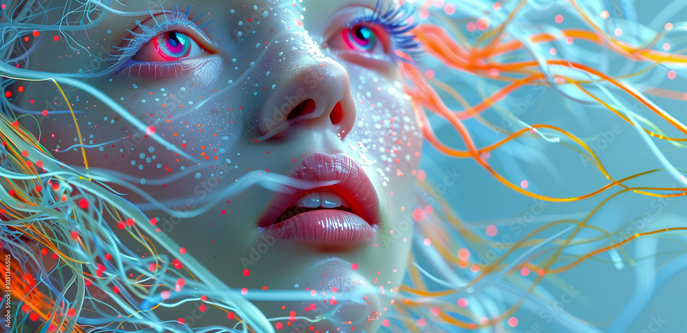 AI aesthetics. A close-up of a futuristic female face with vibrant neon eyes, glowing freckles, and flowing abstract lines conveys a sense of digital fantasy and cybernetic beauty. VR digital identity AI aesthetics. A close-up of a futuristic female face with vibrant neon eyes, glowing freckles, and flowing abstract lines conveys a sense of digital fantasy and cybernetic beauty. VR digital identity