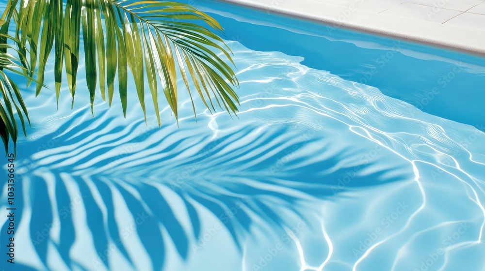Palm shadows ripple over crystal-clear turquoise water on a white sandy shore.