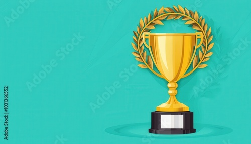 Golden trophy with laurel wreath on a vibrant turquoise background. photo