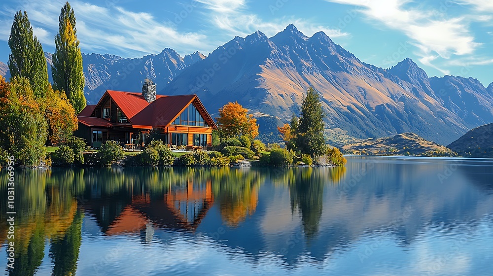 Fototapeta premium Mountain Lake Cabin Retreat